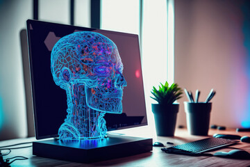 Poster - Innovative AI concept with holographic human head and contemporary desktop PC in the background. Multiexposure. Generative AI