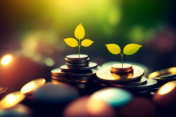 Plants growing on coin, stacking coins with green bokeh background, Business Finance and Money concept, Save money for prepare in the future, green finance, green growth, created with AI tool