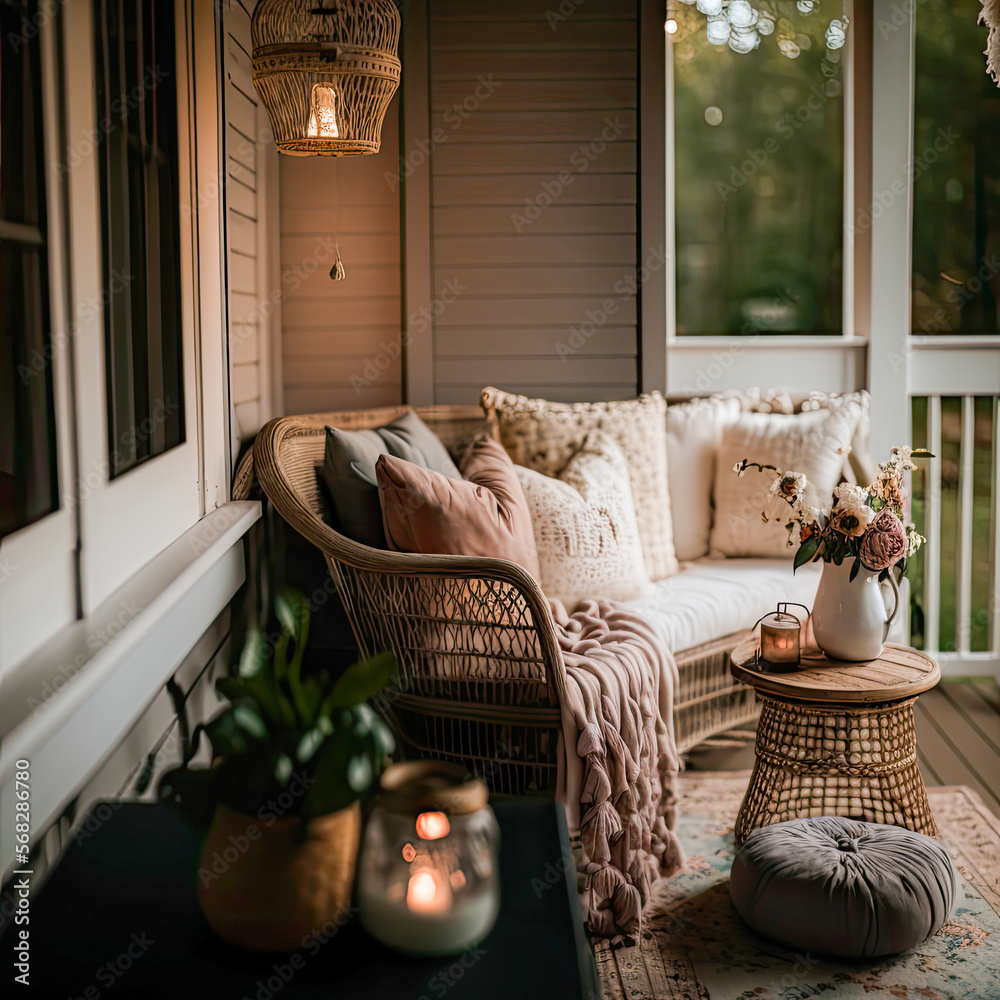 a cozy, boho front porch with touches of rattan and muted beige and ...