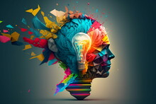 Colorful 3D Illustration Representing A Person With A Creative Mind, Lightbulb, Imagination Collage