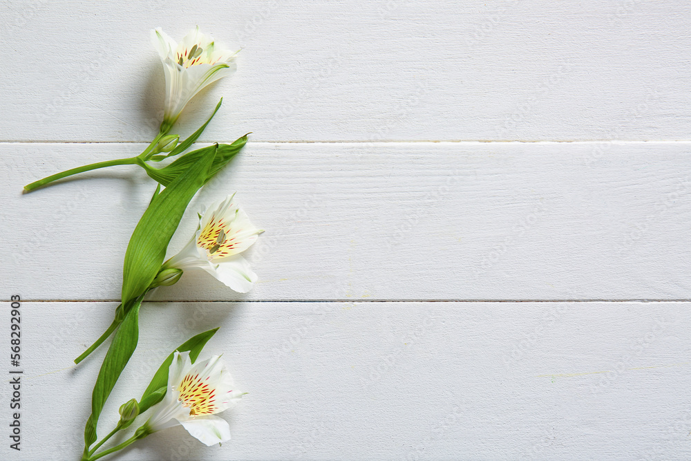 Delicate alstroemeria flowers on light wooden background