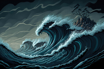 Poster - Storm related sea waves. Generative AI