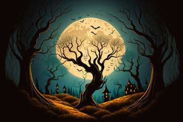 Poster - Halloween nighttime scene with trees and a full moon. Generative AI