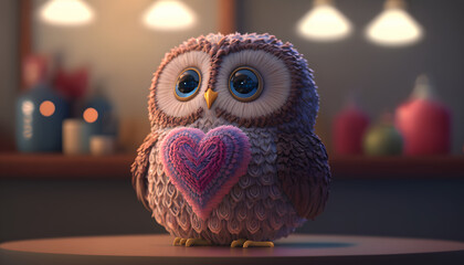 owl in love showing a tender heart on valentine's day, digital illustration