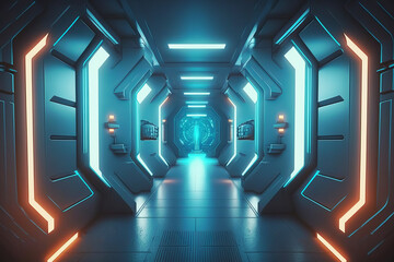 Aufkleber - Corridor spaceship futuristic sci-fi tunnel passageway with glowing shiny neon lights ,futuristic sci-fi background hight resolution , ,3D illustration