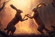 Two Hares Fighting In The Forest. 3D Rendering. Fantasy. Generative AI