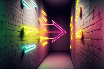 Canvas Print - neon arrow pointers in bright neon on the walls of a white tunnel. Generative AI