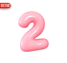 Poster - Number 2. Pink Number two. Realistic 3d design In cartoon style. Icon isolated on white background. vector illustration
