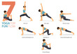 7 Yoga poses or asana posture for workout in fun flow concept. Women exercising for body stretching. Fitness infographic. Flat cartoon.