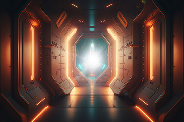 Aufkleber - Corridor spaceship futuristic sci-fi tunnel passageway with glowing shiny neon lights ,futuristic sci-fi background hight resolution , ,3D illustration