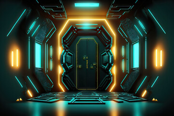 Wall Mural - abstract background esports scifi gaming video game futuristic neon glow chamber, scene stand pedestal stage, virtual reality simulation, and cyberpunk. Generative AI