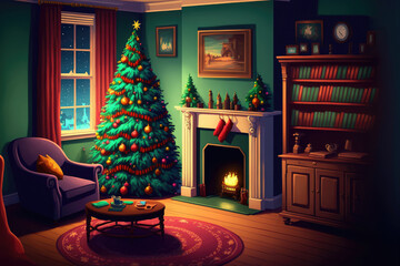 Poster - Beautiful decorated living room with a christmas tree and a fire place. Generative AI