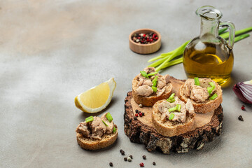 Wall Mural - Healthy cod liver on whole grain bread. Health care concept. Natural source of omega 3. banner, menu, recipe place for text, top view