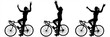 © Yurii - The girl raised her hands in joy. Success in sports. Side view, profile. Girls on bicycles. Cycling victory. First at the finish line. Women compete in cycling. Three black female silhouettes isolated