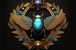 decorative border piece with a winged scarab beetle from Egypt, blue gemstones, and flowery decorations. alone against a dark backdrop. Generative AI