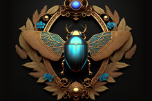 Decorative Border Piece With A Winged Scarab Beetle From Egypt, Blue Gemstones, And Flowery Decorations. Alone Against A Dark Backdrop. Generative AI