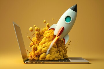 Rocket coming out of laptop screen on yellow background. Generative AI