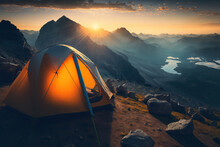Early In The Morning, A Tent Was Pitched On A Mountaintop. Generative AI