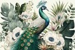 Watercolor painting tropical palm leaf branches and flowers with a white peacock bird. Generative AI
