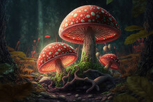 In A Clearing In The Woods, Fly Agaric Mushrooms Flourish. Wonderful Magic Mushrooms In A Shadowy Jungle. A Wonderful Wonderland Setting For The Story Alice In Wonderland. Generative AI
