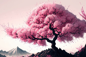 Sticker - Sakura tree with pink cherry blossoms (cherry blossom, Japanese blossoming cherry). Japanese flowers are best exemplified by sakura blossoms. a significant portion of the winter pass. I cherish everyo