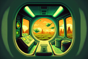 Sticker - futuristic spaceship interior with lone green window view. Generative AI