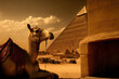 Camel sits beside the remains of the pyramid entrance. Generative AI