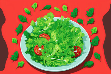 Sticker - a leafy salad that's healthy (mix micro greens, juicy snack, tomato). background with food Image. Generative AI