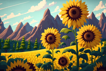 Wall Mural - Beautiful landscape with yellow sunflowers. Sunflower field, agriculture, Wallpaper with sunflower.Thailand. Generative AI