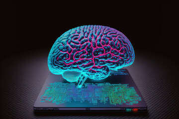 Poster - On a contemporary laptop background, a creative artificial intelligence concept shows a hologram of the human brain. Multiexposure. Generative AI