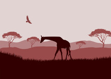 Silhouette Of A Giraffe In The African Savannah, Vector Illustration For Background Design.
