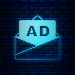 Poster - Glowing neon Advertising icon isolated on brick wall background. Concept of marketing and promotion process. Responsive ads. Social media advertising. Vector