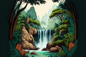 Ton Nga Chang Waterfall in Songkhla, Thailand, features a forest and a waterfall. Famous tourist destinations, a natural outdoor jungle landscape, and tourist attractions. Generative AI