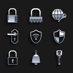 Poster - Set Shield with WiFi wireless internet network, Ringing bell, Key, Lock, Door handle, Globe key and Safe combination lock icon. Vector