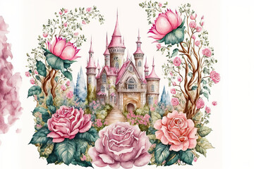 Pink roses, various flowers, leaves, and buttons decorate the pink princess palace in a watercolor fantasy. Illustration from a fairy tale isolated on a white backdrop. ideal for invitations to baby s
