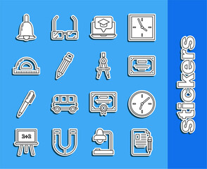 Poster - Set line Exam sheet and pencil with eraser, Clock, Certificate template, Graduation cap on screen laptop, Pencil, Protractor grid for measuring degrees, Ringing bell and Drawing compass icon. Vector