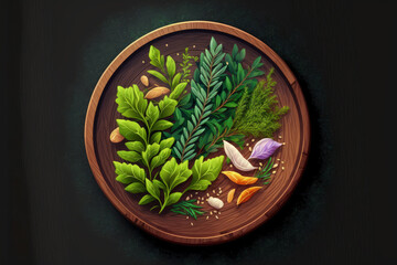 Wall Mural - Round wooden plate with herbs and salt on dark wooden background top view. Generative AI