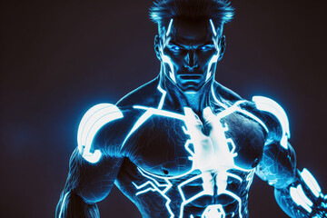 Poster - photo White male cyborg, tinted in blue neon, white flash, copy space, close up, selective focus. Generative AI
