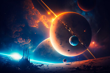 Fantastic landscape of alien planet with rocks, flying stones and glowing yellow and blue spots. Illustration of cosmos space and planet surface panorama for computer game background. Generative AI