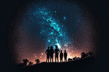 Canvas Print - silhouette of people looking at the milky way. Generative AI