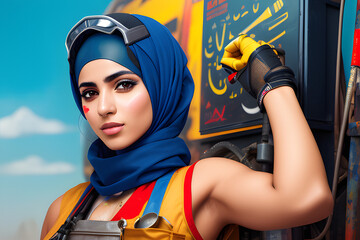 Wall Mural - a painting portrait of a Arab female Mechanic in outfit - Generative AI, fictitious person