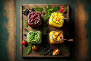 Poster - Smoothies made from freshly blended fruit in a range of flavors and hues, served in glass jars on a rustic wooden tray. Green, red, and yellow. top perspective, narrow focus. Generative AI