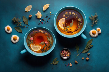 Top view of two cups of healthy herbal tea with dried rose and camomile blossoms, mint, and cinnamon on a blue backdrop. Generative AI