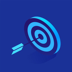 Poster - Blue target with arrow hit center icon in isometric view. Goal achievement, competition, motivation concept. Successful business, growth strategy. Vector illustration isolated on white background