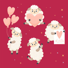 Wall Mural - Collection cute romantic sheep with hearts and balloons. Vector illustration. Isolated cartoon farm animals for kids collection, design, decor and decoration, holiday cards and valentines.