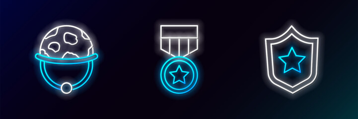 Poster - Set line Military reward medal, helmet and icon. Glowing neon. Vector