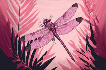 On a pink image, there is a dragonfly background design. Generative AI