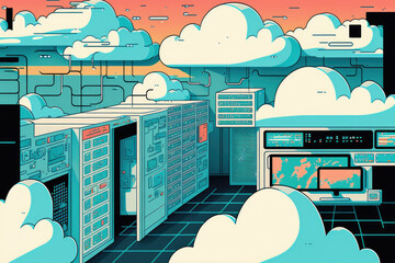 Poster - overlay of clouds and sky with servers and computing equipment in a datacenter. generative ai