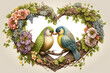 Two love birds sitting on a branch surrounded by a heart, generative ai 