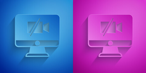 Poster - Paper cut Video camera Off on computer icon isolated on blue and purple background. No video. Paper art style. Vector